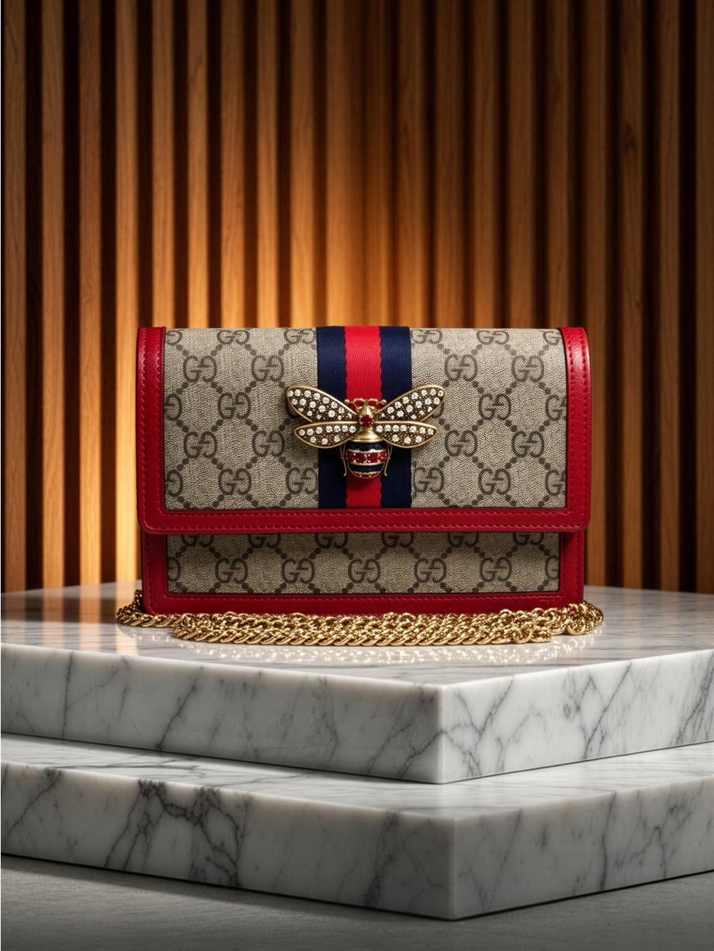 Gucci Queen Margaret Bee Supreme Crossbody with Red Trim and Navy-Red Stripe